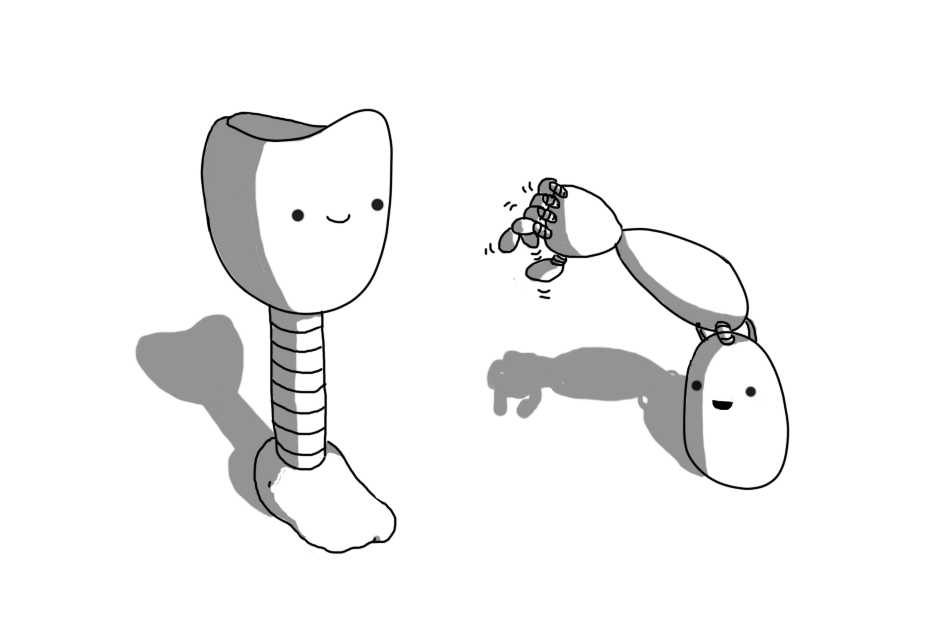 Two robots, in the form of a below-knee leg prosthetic and a full arm prosthetic. The leg robot has a smiling face on the top section, and the connection to the foot is banded like a small robot limb. The arm robot is resting on its end, its face is on the biceps and its fingers are waggling.