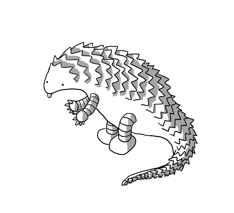 A robot in the form of a pangolin with banded arms and legs, standing on is hind legs and sticking out its tongue.