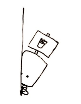 A squarish robot peeking out from behind a corner. Attached to the top of its head is a sign with a picture of a glass of water.