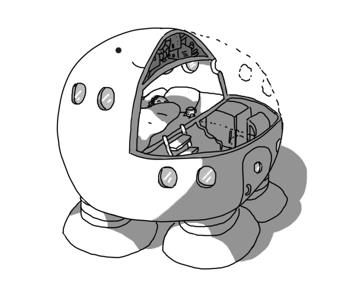 A large, roughly spherical robot with four banded legs, displayed in cutaway, revealing that inside are several rooms partitioned by thin walls. On the upper level is a room in which a person is lying on some pillows, snuggled up in a blanket with a Teabot next to them. A set of steps lead up from the lower level, where there are some cabinets and a fridge. A rounded door allows entry into the robot and there are round windows lining its sides. A section at the top of the robot houses mechanical equipment and its face, half-visible due to the cutaway, is smiling.