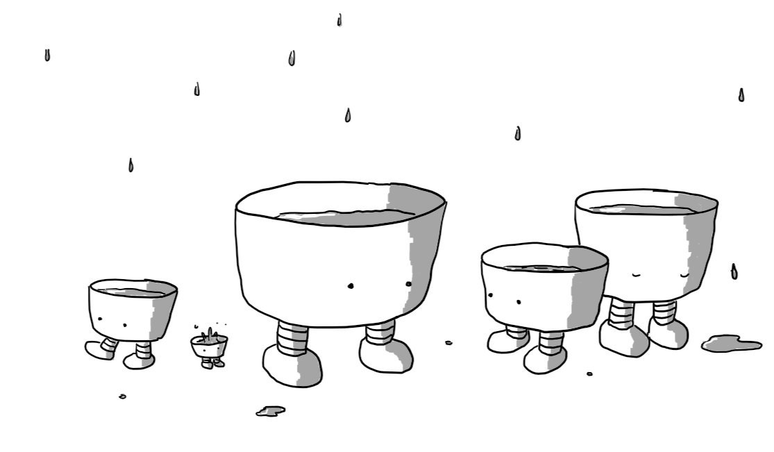 A set of five robots in the form of flat-bottomed bowls of various sizes, partially filled with water and each with a pair of legs on the bottom and eyes on the front. One is walking off somewhere, the smallest is being surprised by a splash landing in it and one on the far right has fallen asleep - a small puddle has formed beside it as a result. A series of drips are falling from above.