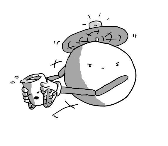 A spherical robot with jointed arms and a propeller on its top, rushing into position holding an alarmed-looking Teabot.