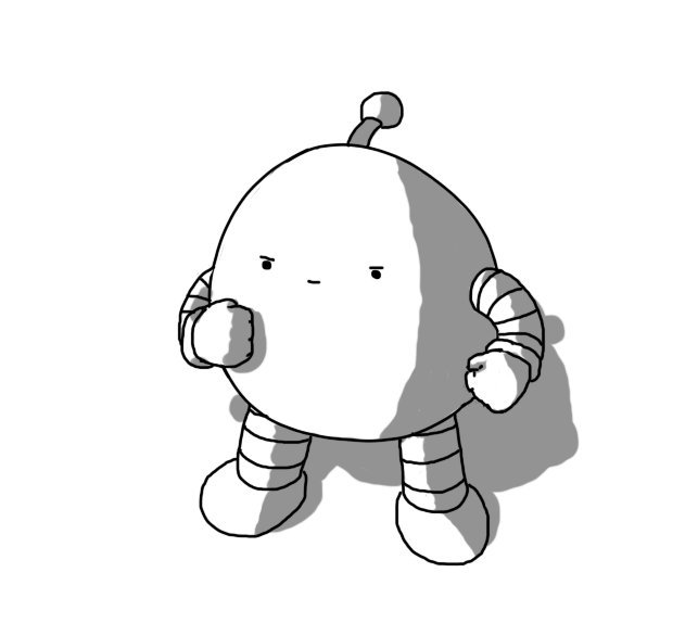 A round robot with banded arms and legs, clenching its fist with a determined expression on its face.