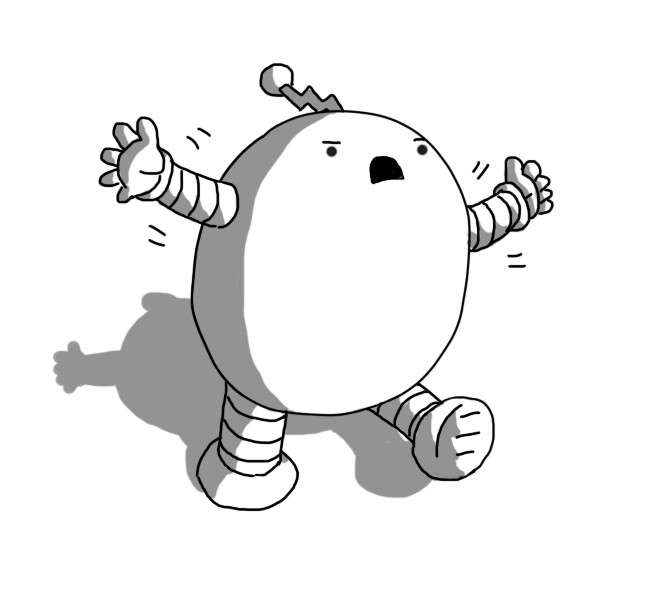 An ovoid robot with banded arms and legs and a zigzag antenna, wearing an anguished expression on its face and waving its arms around.