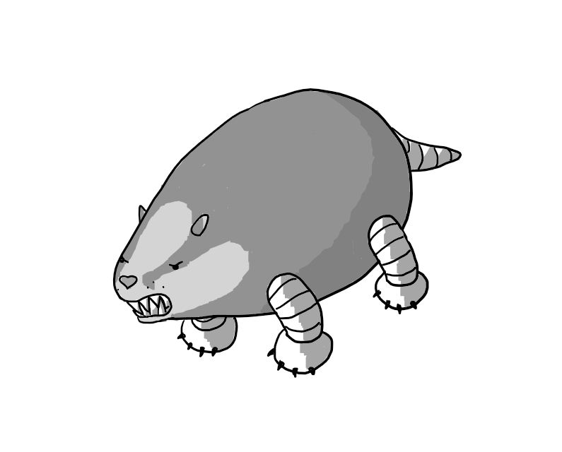 A robot in the form of a very angry badger. It has a conical body with dark and light markings on its snout, clawed feet and rather large, sharp teeth.