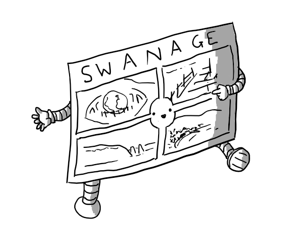 A robot in the form of a postcard from British seaside resort Swanage, with banded arms and legs. It has a traditional design, divided into four quarters each showing a local scene with the word 'SWANAGE' along the top. A circular section in the centre of the four pictures is blank to allow for the robot's smiling face. One of its hands is pointing to the pictures.