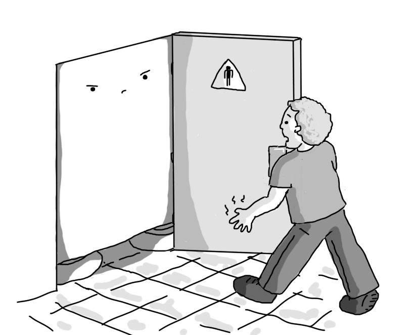 A man leaving a public toilet and opening the door to find a cuboid robot with short, banded legs entirely blocking the exit, looking very angry.