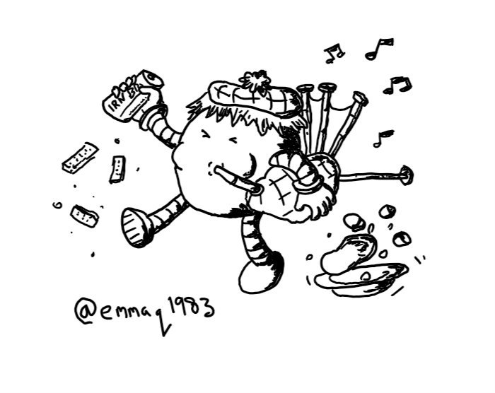 a round robot playing a set of bagpipes, wearing a tartan hat with a wig, carrying a can of Irn Bru as it stomps around, kicking up pieces of shortbread and displacing a bowl containing haggis and tatties and neeps.