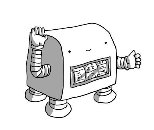 A robot in the form of a miniature slot machine. One of its banded arms serves as the arm of the machine and a clear panel on its front shows a row of spinners marked with various small robots. The robot looks happy and has four little legs supporting it.