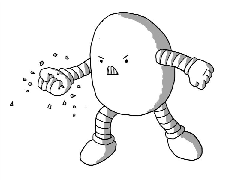 An ovoid robot angrily cracking a nut with one clenched fist.