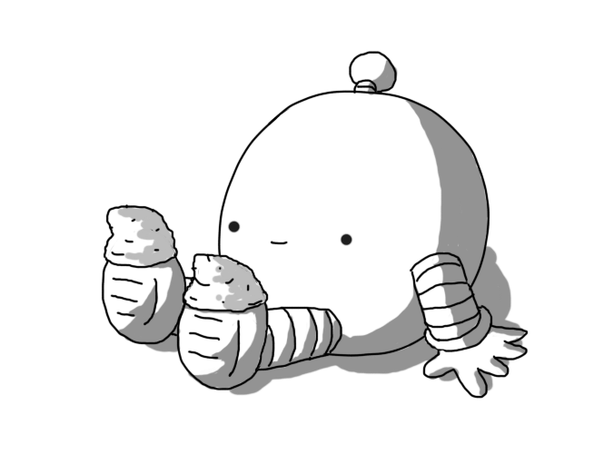A spherical robot with banded arms and legs an an antenna, sitting on the floor with tiny socks on the ends of its feet, which it is looking at happily.