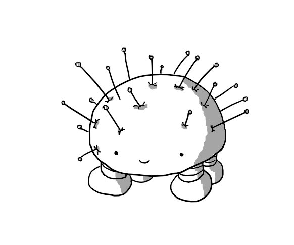 A hemispherical robot with four broad, banded legs on its underside. Its body is stuck with many pins, protruding at all angles, but it seems perfectly happy with the situation.