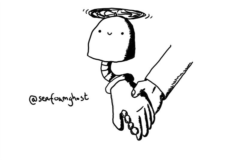 A dome-shaped robot held aloft by a propeller on its top, with one arm hanging from its underside that ends with a large hand. The hand is holding someone else's and the robot is smiling happily.