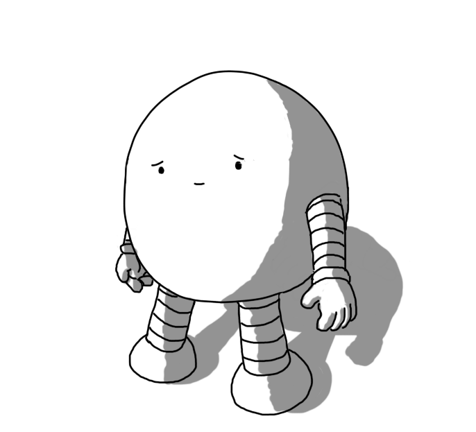 A round robot with banded arms and legs giving a sad smile.