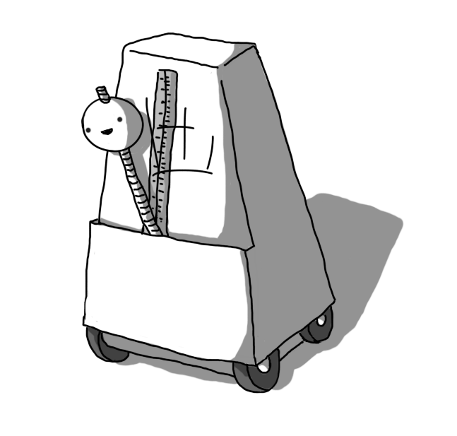A robot in the form of a metronome. It has wheels on its base and the weight on the pendulum rod is its smiling, spherical head, swinging back and forth.