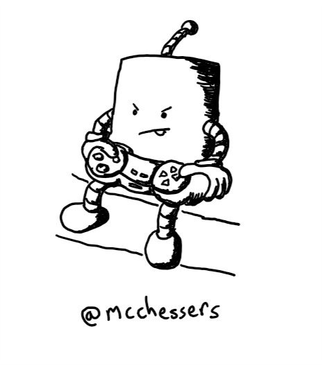 a cylindrical robot with banded arms and legs sits on the edge of a sofa wielding a control pad with a look of intense concentration