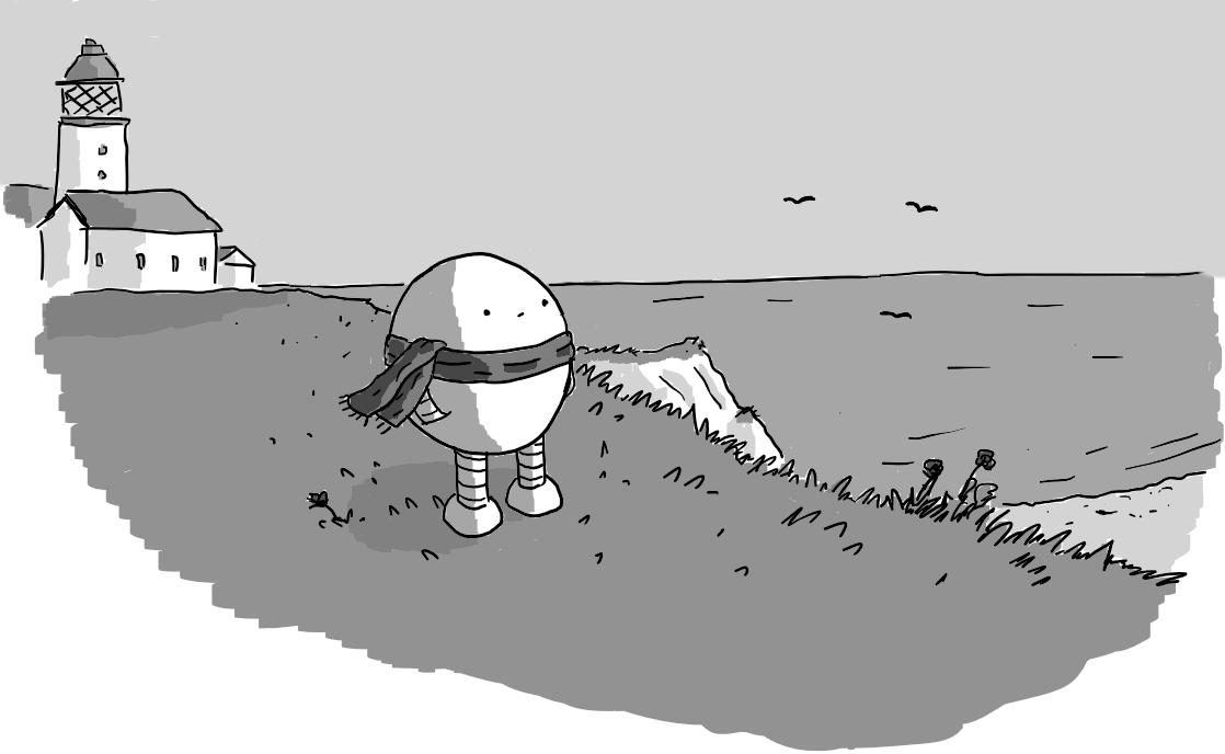 A round robot with banded arms and legs and wearing a scarf standing on a clifftop overlooking a beach and a wide stretch of sea. There is a lighthouse in the background and three gulls swooping over the bay. A few flowers cling to the side of the cliff and the wind is catching the robot's scarf. It looks pensive and has its hands in (integrated) pockets as it stares out to sea. A featureless grey sky hangs overhead.