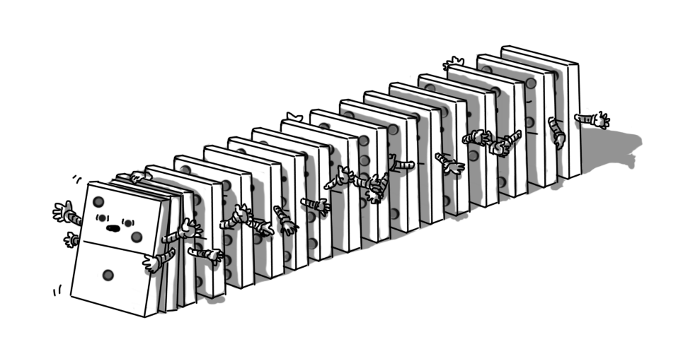 A row of robots in the form of dominoes, all standing up waving their little banded arms. The one on the front is toppling backwards with a panicked expression on its face.