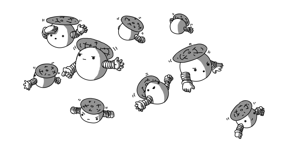 Nine spherical robots held aloft by propellers on their tops, each with two banded arms. They're floating in a group, variously pointing downwards, peering down at the ground or heading off in different directions.