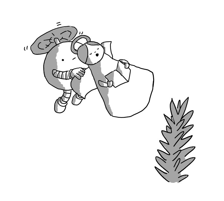 A spherical robot with banded arms and legs, borne aloft by a propeller on its top and holding determinedly onto an angel ornament which it is manoeuvring towards the top of a fir tree.