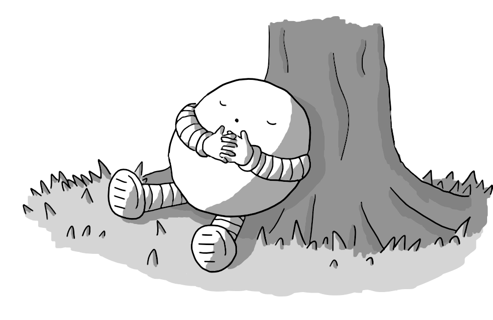 An ovoid robot lying at the base of a tree, hands clasped across its middle, sleeping peacefully.