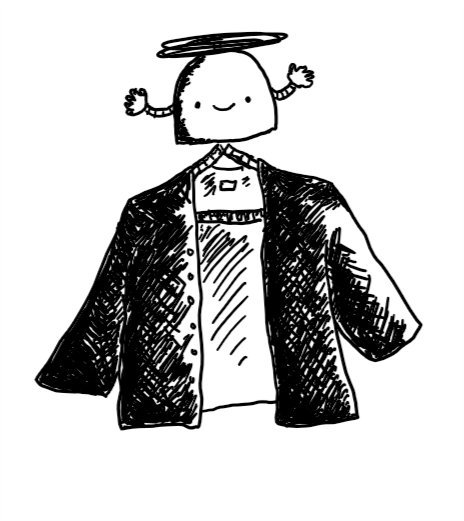 a dome-shaped smiling robot with little banded arms, held aloft by a propeller, with a looped appendage on its underside that forms a triangular coat hanger, from which a jacket is hung.
