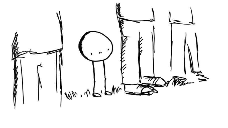 A spherical robot on two long, thin, jointed legs and with no arms standing on some grass in a row of people. It has a glum expression on its face.