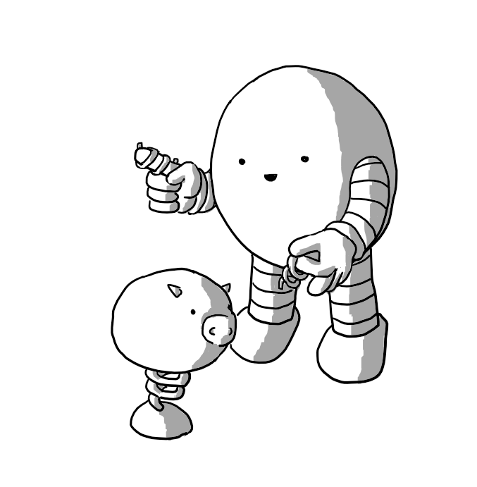 An ovoid robot with banded arms and legs and a coiled length of material around one index finger and a similar coil in its other hand. It's reaching down towards a tail-less Pigbot standing in front of it.