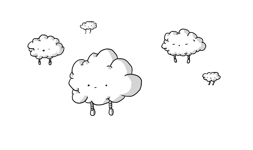 Five robots in the form of fluffy, cartoon clouds, each with a pair of thin, banded legs dangling down from their undersides. Most of them are smiling but one, as always, is asleep.