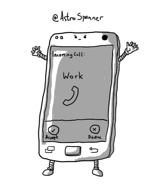A smartohone with little arms and legs and a worried face above the screen, which shows an incoming call from 'Work'.