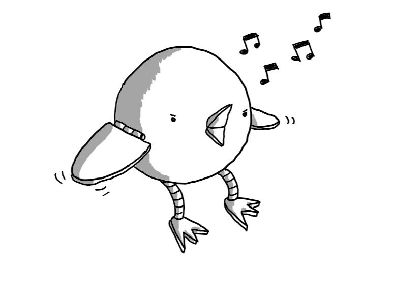 A perfectly spherical robot with a little beak that's open and singing, two flappy wings connected by hinges and flexible banded legs with three-toed feet. The robot looks angry for some reason.