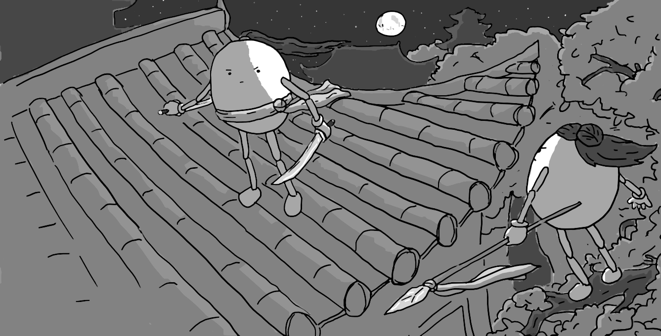 Two ovoid robots with jointed limbs face off, one on the roof of a pagoda, the other balanced on a tree branch. The scene is dark, with a full moon providing stark contrast. Both robots have long hair, billowing in the wind and the one on the roof has two swords while the other has a long spear.