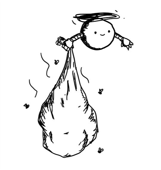 a smiling, spherical robot with banded arms and a propeller on its top, carrying a large bag evidently filled with rubbish - complete with stench lines and a collection of buzzing flies.