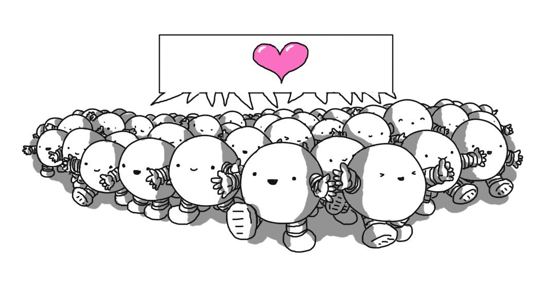 Dozens of round robots with banded arms and legs in a huge mob, advancing towards the frame with their arms outstretched, smiling. Above them is a speech bubble with multiple tails pointing towards the horde, with a pink heart in it.