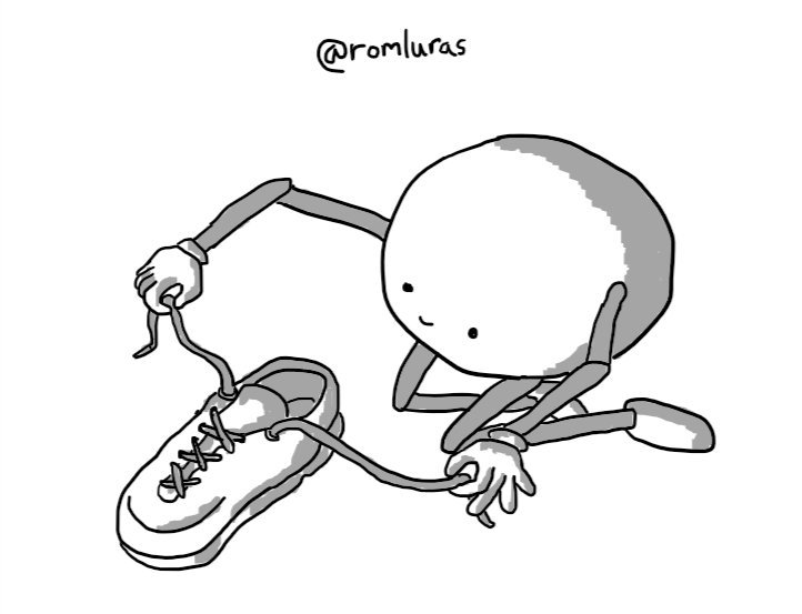 A spherical robot with jointed arms and legs, kneeling on the floor as it happily laces a shoe.