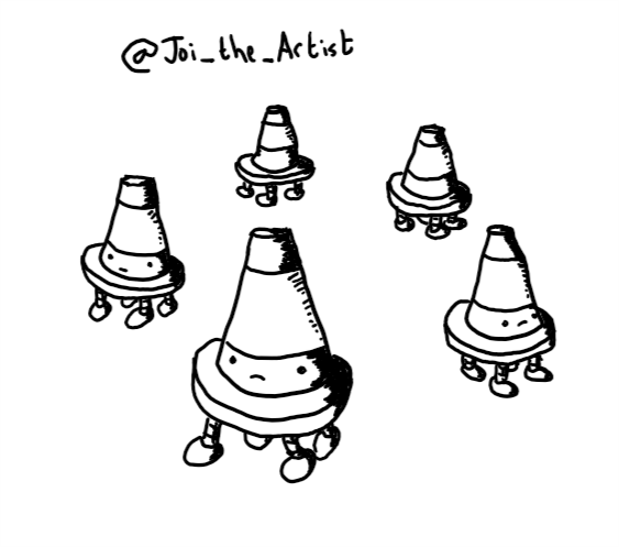 Five robots in the form of little traffic cones, each with four small legs on their undersides. They have serious expressions on their faces.