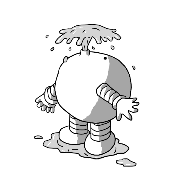 A spherical robot with banded arms and legs that has its face tilted upwards and is emitting a spout of water from its mouth. A puddle has formed at its feet.