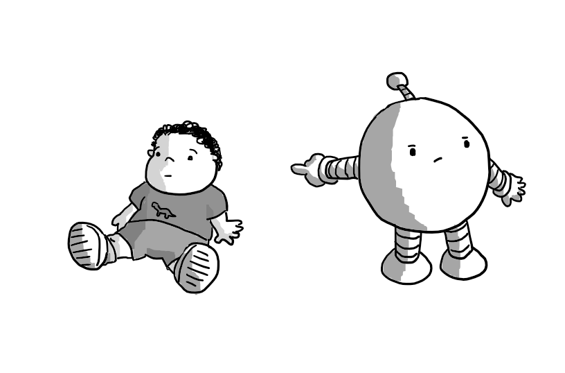 A spherical robot with banded arms and legs points accusingly at a toddler sitting obliviously on the floor.