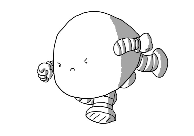 A determined looking, dome-shaped robot with four stumpy legs and two arms. It is pitched forward, in full gallop, its fists clenched.