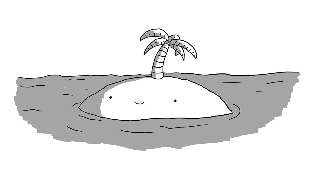 A robot in the form of a classic cartoon desert island - a low, barren hump completely surrounded by ocean with a single palm tree in the centre. The island is actually the robot's body, with its smiling face just above the waterline. The palm tree resembles a banded antenna and has fronds that appear suspiciously regular.