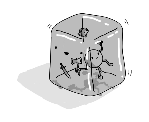 A robot in the form of an amorphous, transparent cube, containing a suspended Barbarianbot, Teabot and a rusty sword.