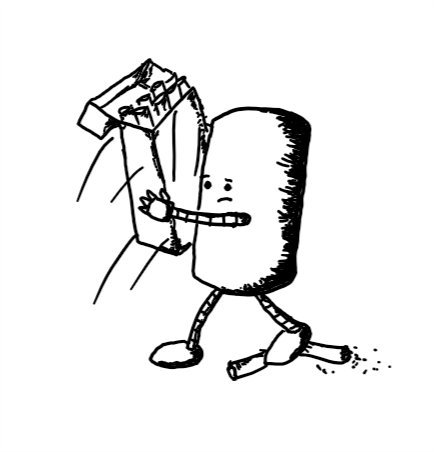 a cylindrical robot with a concerned expression snatching away a pack of cigarettes while stamping another one out with its foot.