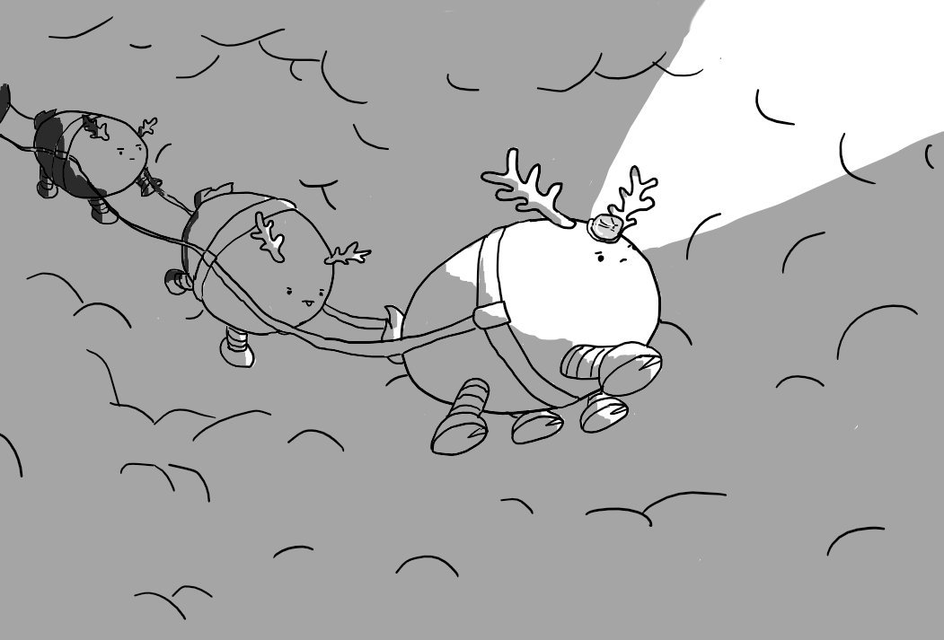 Three ovoid robots with four banded legs and reindeer antlers fly through dense fog, connected by tracers that lead back to the dim form of another robot. The lead robot has a little light on its head which is projecting an intense beam, illuminating the roiling fog ahead. All the robots look very determined.