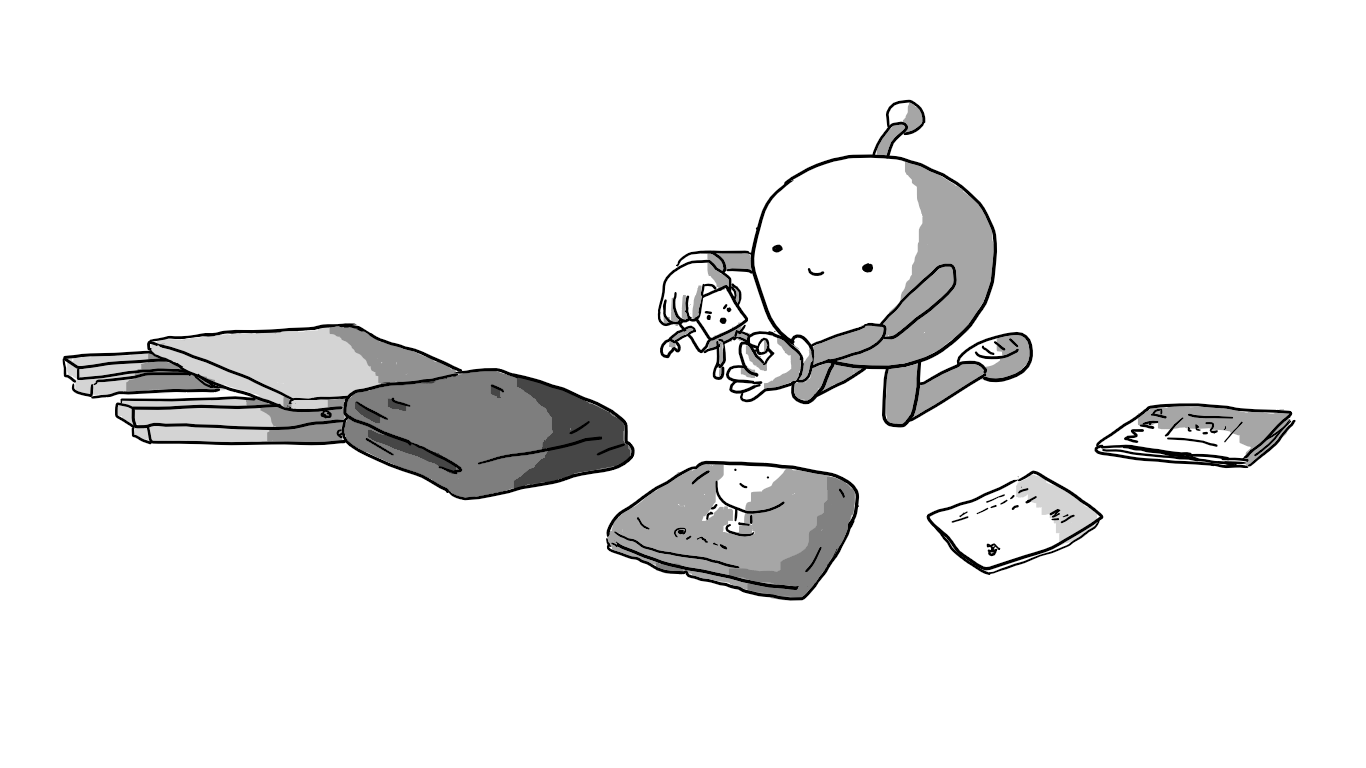 A round robot with jointed limbs and an antenna, kneeling surrounded by various folded objects: a collapsible table, a sheet or garment of some kind, a small robots t-shirt, a letter and a map. It's in the process of trying to fold up the legs of a cubic Mischiefbot, apparently unperturbed by its furious protestations.