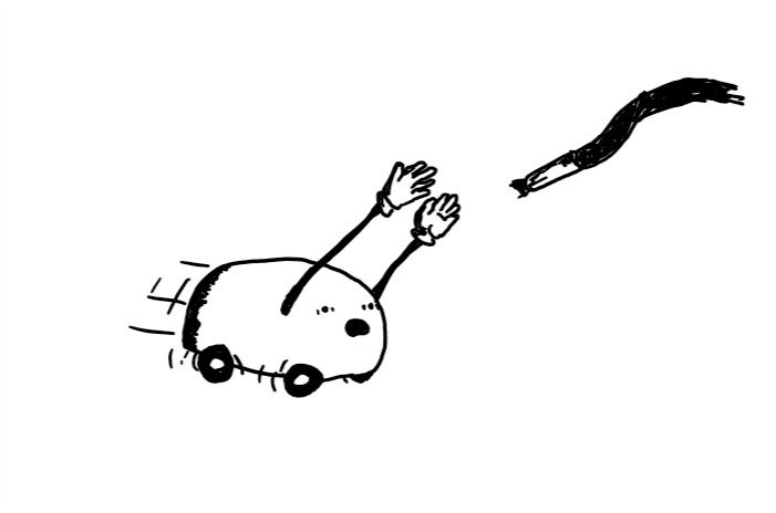 A loaf-shaped robot on four wheels with two long, jointed arms. It's zooming after the end of a trailing shoelace with its arms raised towards it and an alarmed expression on its face.