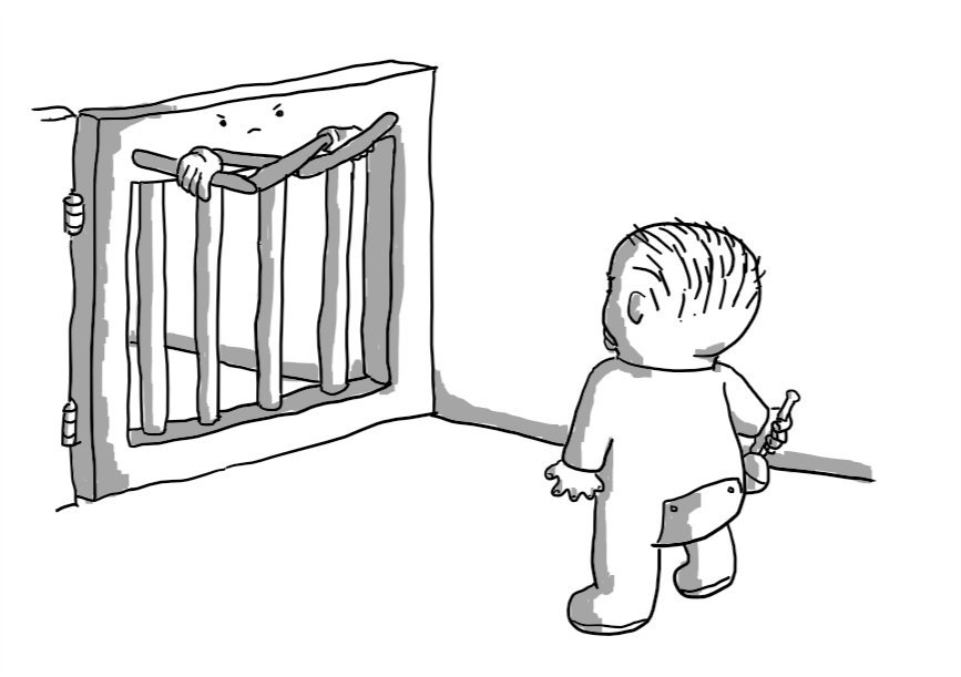 A robot in the form of a baby gate, blocking the path of a toddler in a onesie holding a rattle. The robot has two jointed arms folded across its top section and is making a stern face.