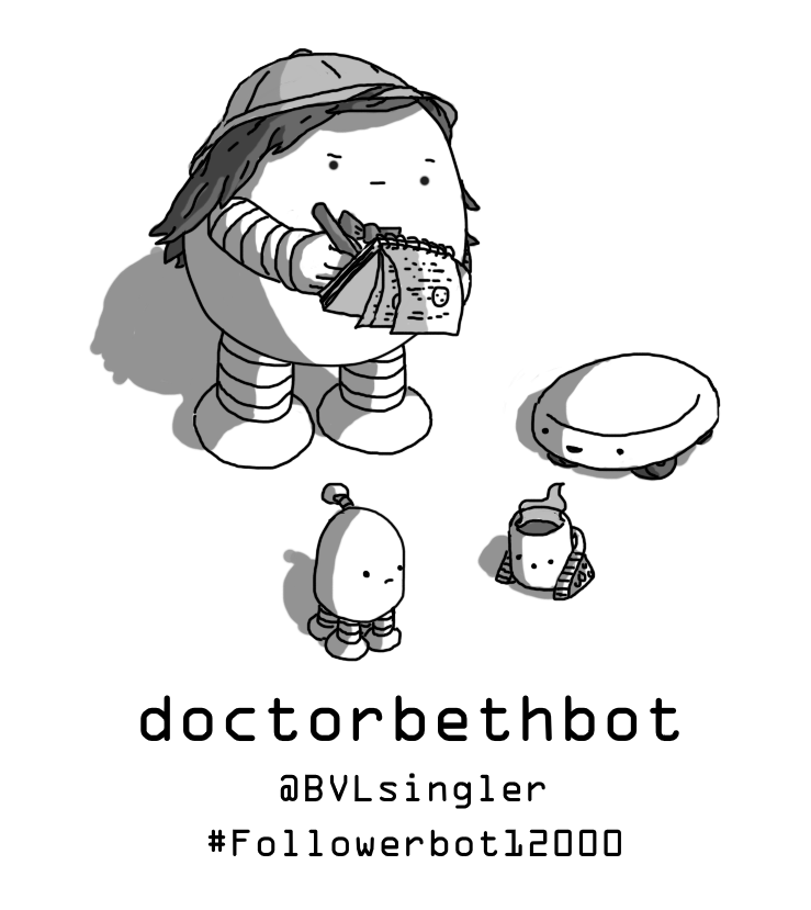 An ovoid robot with long, dark hair wearing a pith helmet and sporting a bow tie. She's frowning as she writes on a notepad and observes the antics of a Notokaybot, a Teabot and a Cakebot.