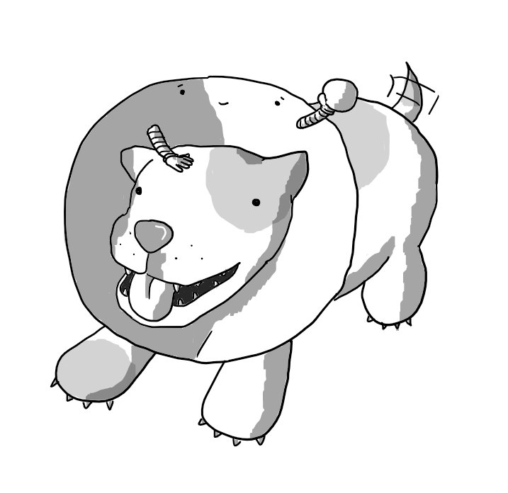 A dog wearing a cone on its neck that is actually a robot. Its face is on the interior surface of the cone, directly above the dog's head. Two banded arms also protrude from the inner-surface and one is patting the dog on its head while the other prepares to toss a small ball.