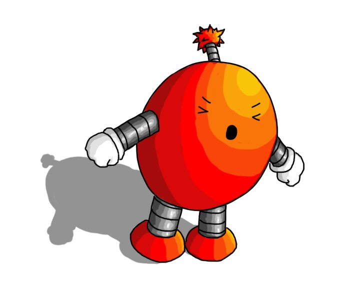 A red-orange ovoid robot with banded arms and legs and an antenna with an explosion on the end. Its holding out its arms, fists clenched and is shouting angrily as it leans slightly forward with its eyes screwed tightly shut.