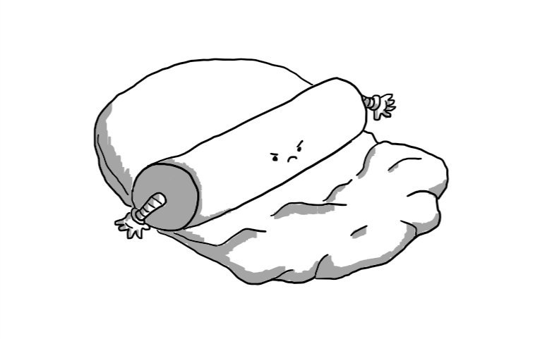 A robot in the form of a rolling pin with arms instead of handles at each end and an angry little face on the front. It's in the process of flattening out some dough, looking balefully at the lumpy section in front of it.